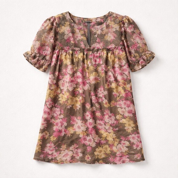 VOY Mini Dress Womens Size S Brown Pink Floral Babydoll Puff Sleeve - Picture 5 of 8